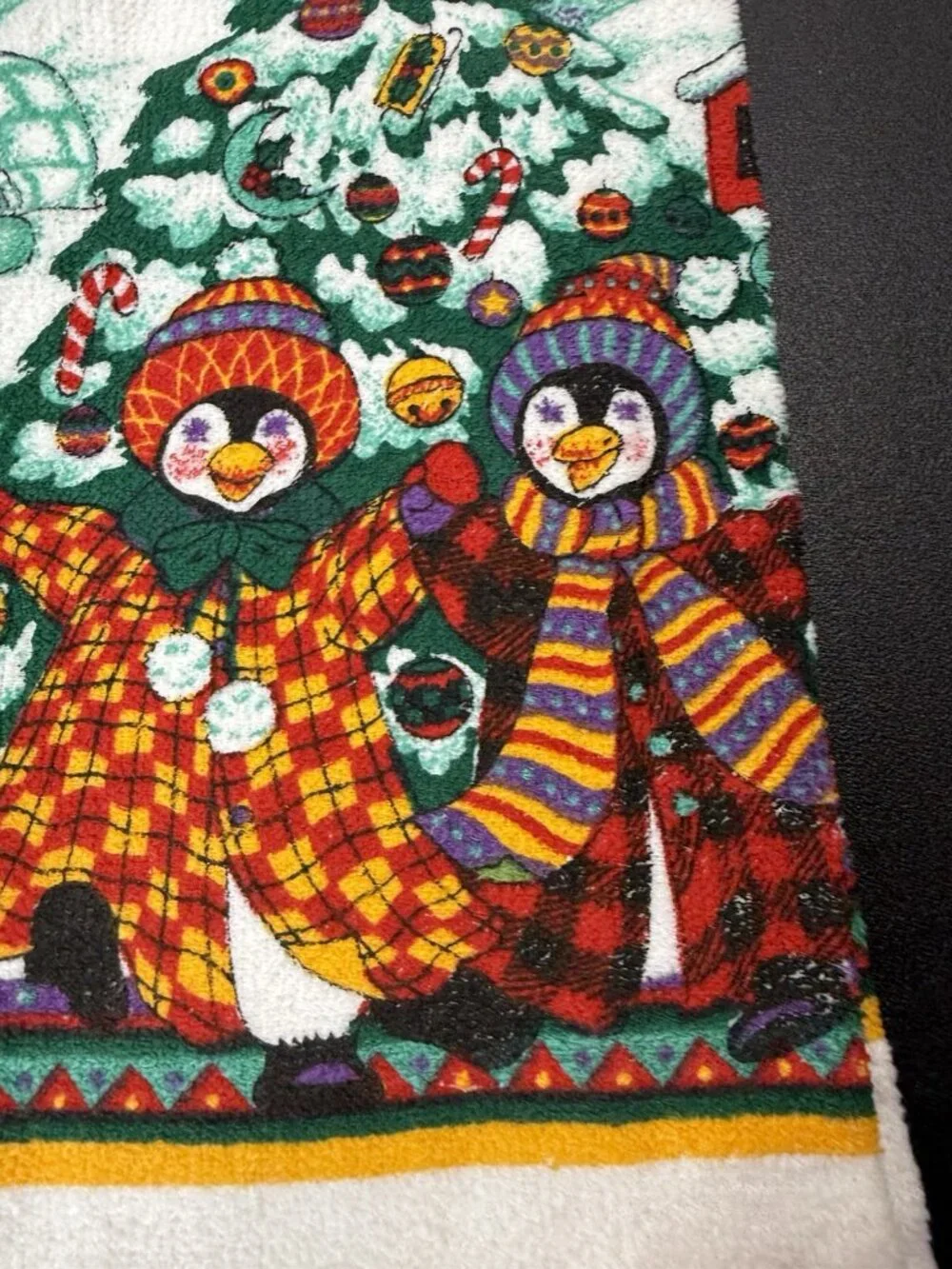 Vintage Kitchen Towel Christmas Penguins Cotton Dish Towel Revere Mills